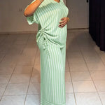 Women's Striped 2 Piece Outfits V Neck Short Sleeve Drawstring Top and Wide Leg Pants Set with Pockets