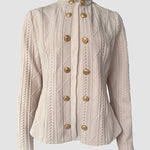 Metal Double Breasted Decor Stand Collar Argyle & Cable Textured Coat