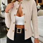 Metal Double Breasted Decor Stand Collar Argyle & Cable Textured Coat
