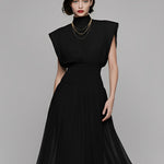 Women's Jet Black Chiffon Dress With Cap Sleeves & Smocked Waist, Modern Effortless-Chic Style Dress