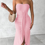 Sleeveless Ruched Cinched Waist Draped Bandeau Dress Eyelet Embroidery Slit Asymmetrical Hem Vacation Dress