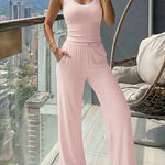 Women's 2 Piece Lace Trim Stripe Lounge Set Sleeveless Tank Top and Wide Leg Pants Set Rib Knit Pajamas Set with Pockets