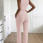 Women's 2 Piece Lace Trim Stripe Lounge Set Sleeveless Tank Top and Wide Leg Pants Set Rib Knit Pajamas Set with Pockets