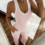 Women's 2 Piece Lace Trim Stripe Lounge Set Sleeveless Tank Top and Wide Leg Pants Set Rib Knit Pajamas Set with Pockets