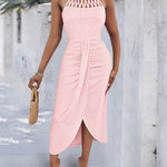 Halter Tie Criss Cross Front Ruched Knit Jacquard Textured Slit Dress Casual Hollow-out Draped Vacation Dress