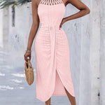 Halter Tie Criss Cross Front Ruched Knit Jacquard Textured Slit Dress Casual Hollow-out Draped Vacation Dress