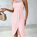 Halter Tie Criss Cross Front Ruched Knit Jacquard Textured Slit Dress Casual Hollow-out Draped Vacation Dress