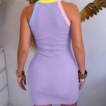 Women's Contrast Binding Halter Neck Bodycon Dress Ribbed Knit Sleeveless Mini Dress Tank Dress