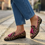 Fiamma Moccasin — Leopard Print with Fuchsia Trim and Tassels