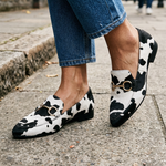 Flat Moccasin in White and Black Animal Print