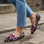 Ginevra Loafers — Black and White Cow Print, Pink Tassels