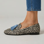 Nadia Moccasins — Black and White Leopard with Light Blue Tassels