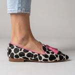 Ginevra Loafers — Black and White Cow Print, Pink Tassels