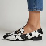 Flat Moccasin in White and Black Animal Print