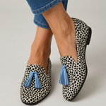 Nadia Moccasins — Black and White Leopard with Light Blue Tassels