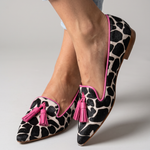 Ginevra Loafers — Black and White Cow Print, Pink Tassels