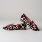 Ginevra Loafers — Black and White Cow Print, Pink Tassels