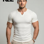 KZZ Men's Spring Summer Outfits Vertical Striped Textured V-Neck Short Sleeve T-Shirt