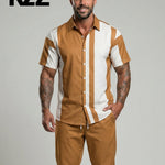 KZZ Men's Two-Piece Loungewear Set: Color-Block Printed Short-Sleeve Top and Long Pants