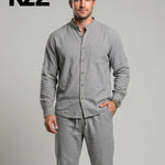 KZZ Men's Long-Sleeve Button-Down Shirt and Straight-Leg Drawstring Trousers Set