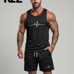 KZZ Men's Heartbeat Print Crew Neck Vest and Shorts