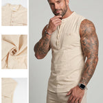KZZ Men's Sleeveless Slim-Fit Casual Linen-Blend Shirt