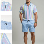 KZZ Men's Colorblock Striped Print Short Sleeve Shirt & Shorts Two-Piece Set