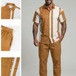 KZZ Men's Two-Piece Loungewear Set: Color-Block Printed Short-Sleeve Top and Long Pants