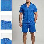 KZZ Men's Solid Color Hollow-Out Short-Sleeve Shirt and Shorts Set