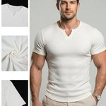 KZZ Men's Spring Summer Outfits Vertical Striped Textured V-Neck Short Sleeve T-Shirt