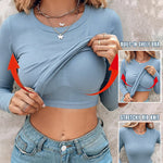 Women's Crewneck Long Sleeve Ribbed Knit Top Slim Fit Base Layer Shirt Soft Stretchy Casual Tee with Built-in Bra
