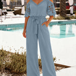 Women's Cold Shoulder Jumpsuit Gold Chain Lace Patchwork Overalls Tapered Leg Jumpsuits with Pockets & Belt