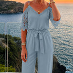 Women's Cold Shoulder Jumpsuit Gold Chain Lace Patchwork Overalls Tapered Leg Jumpsuits with Pockets & Belt