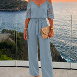Women's Cold Shoulder Jumpsuit Gold Chain Lace Patchwork Overalls Tapered Leg Jumpsuits with Pockets & Belt