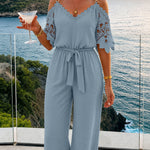 Women's Cold Shoulder Jumpsuit Gold Chain Lace Patchwork Overalls Tapered Leg Jumpsuits with Pockets & Belt