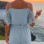 Women's Cold Shoulder Jumpsuit Gold Chain Lace Patchwork Overalls Tapered Leg Jumpsuits with Pockets & Belt