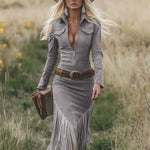 Retro Western Lapel Zipper Long Sleeve Tassel Midi Dress