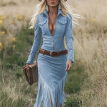 Retro Western Lapel Zipper Long Sleeve Tassel Midi Dress