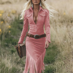 Retro Western Lapel Zipper Long Sleeve Tassel Midi Dress