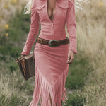 Retro Western Lapel Zipper Long Sleeve Tassel Midi Dress