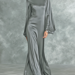 Women's Fashionable Grey Satin High-neck Long-sleeved Loose-fitting Maxi Dress