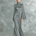 Women's Fashionable Grey Satin High-neck Long-sleeved Loose-fitting Maxi Dress