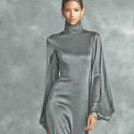 Women's Fashionable Grey Satin High-neck Long-sleeved Loose-fitting Maxi Dress