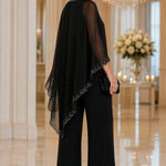Beaded Chiffon Cape Formal Pant Suit with Wide Legs