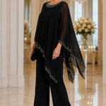 Beaded Chiffon Cape Formal Pant Suit with Wide Legs