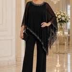 Beaded Chiffon Cape Formal Pant Suit with Wide Legs