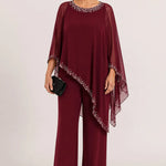 Beaded Chiffon Cape Formal Pant Suit with Wide Legs