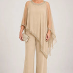 Beaded Chiffon Cape Formal Pant Suit with Wide Legs