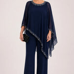 Beaded Chiffon Cape Formal Pant Suit with Wide Legs