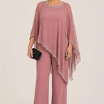 Beaded Chiffon Cape Formal Pant Suit with Wide Legs